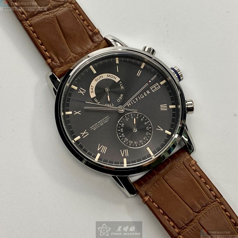 [星晴錶業]TommyHilfiger手錶,44mm,TH00018黑色錶面銀錶殼咖啡色真皮皮革錶帶款, , large