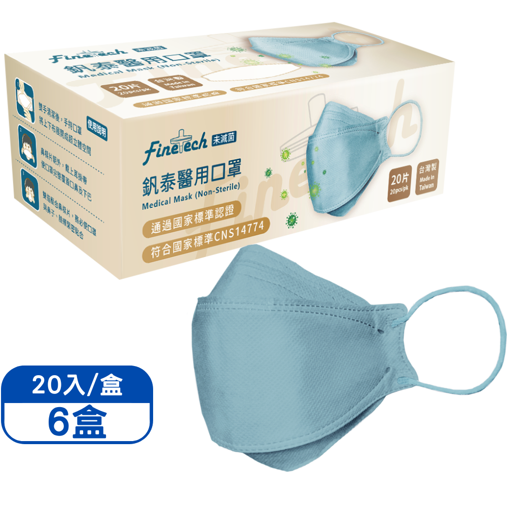 【Finetech 釩泰】成人4D立體口罩 韓版KF94 魚型醫用口罩-瓷青(20入/盒*6盒), , large