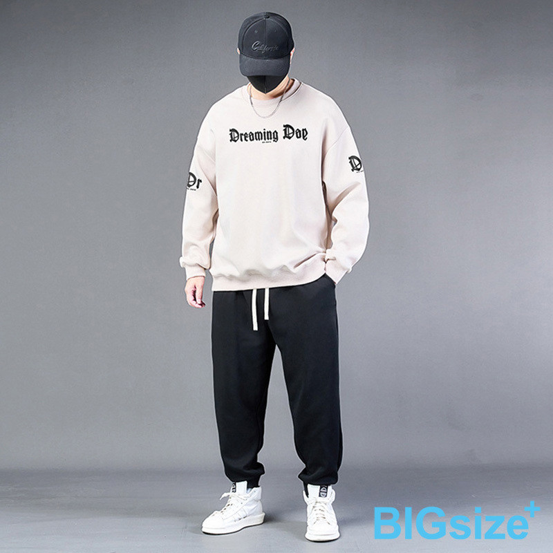 大尺碼-古英文 印花 大學T恤-黑/淺卡其-0201133, , large