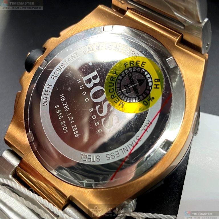 [星晴錶業]BOSS手錶,46mm,HB1513358黑色錶面黑金錶殼金銀相間精鋼錶帶款, , large