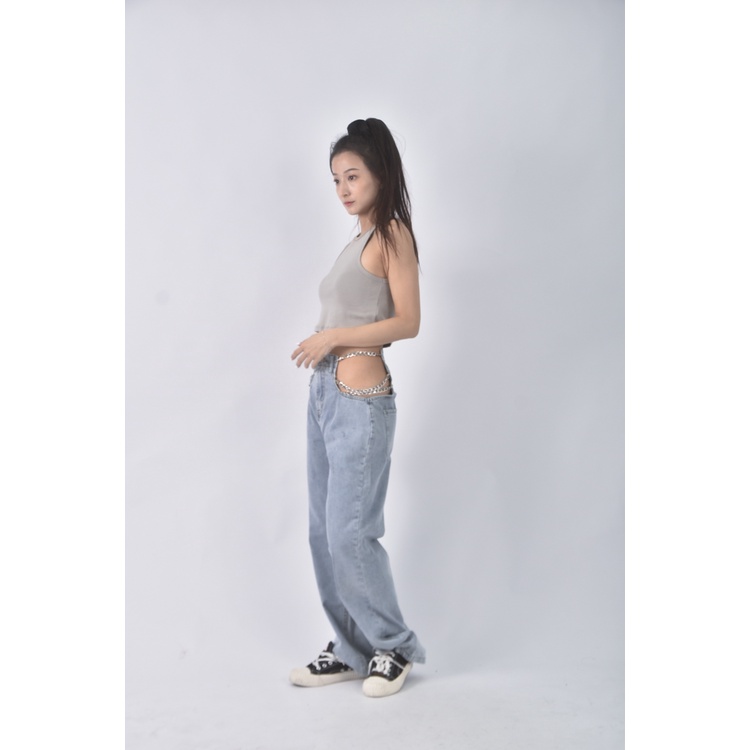 (S) 【安于晴Charlene私服】高腰丹寧牛仔質感鍊條藍色長褲二手衣, , large