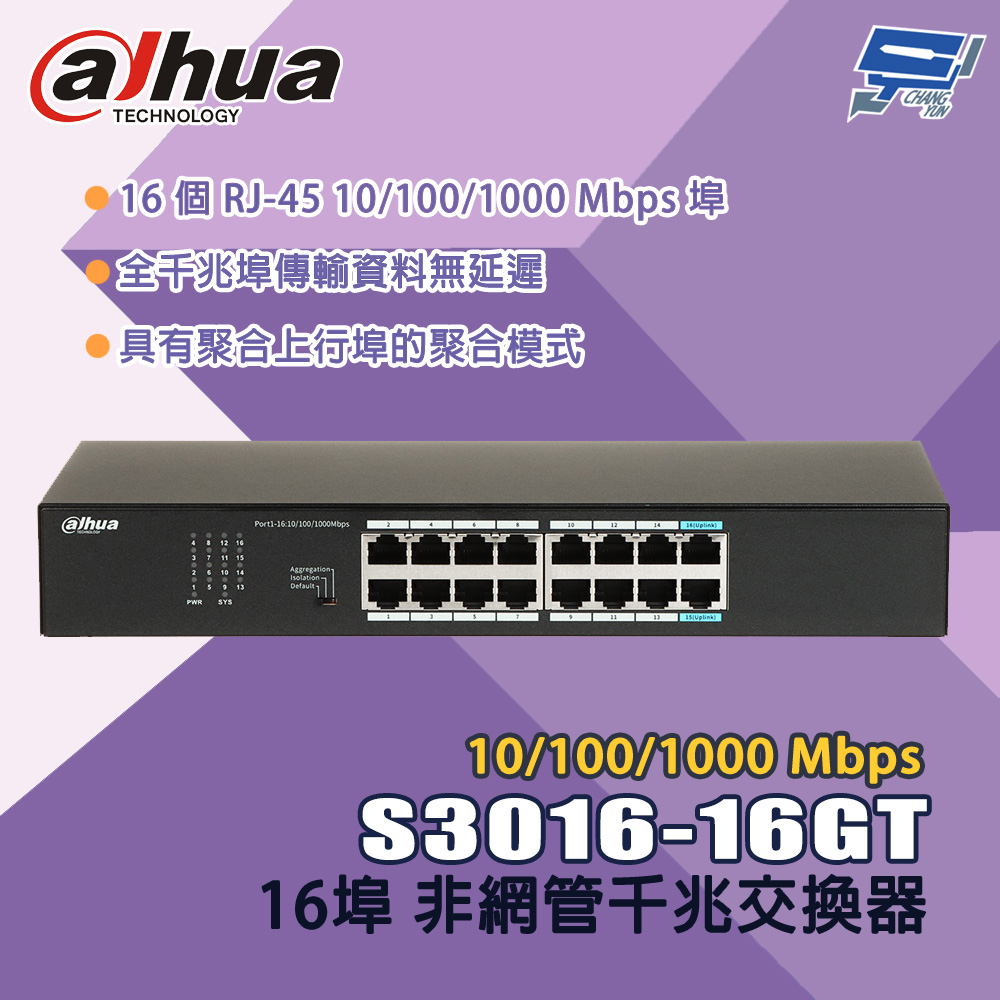 昌運監視器 大華 S3016-16GT 16埠 10/100/1000 Mbps 非網管千兆交換器, , large