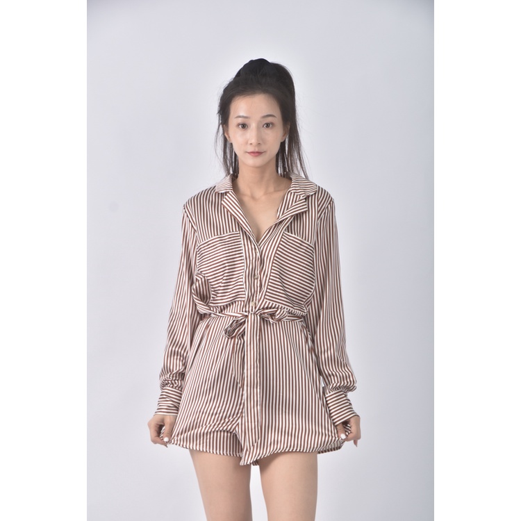 (F) 【安于晴Charlene私服】varracelli高腰質感條紋棕色綁帶連身裝二手衣, , large