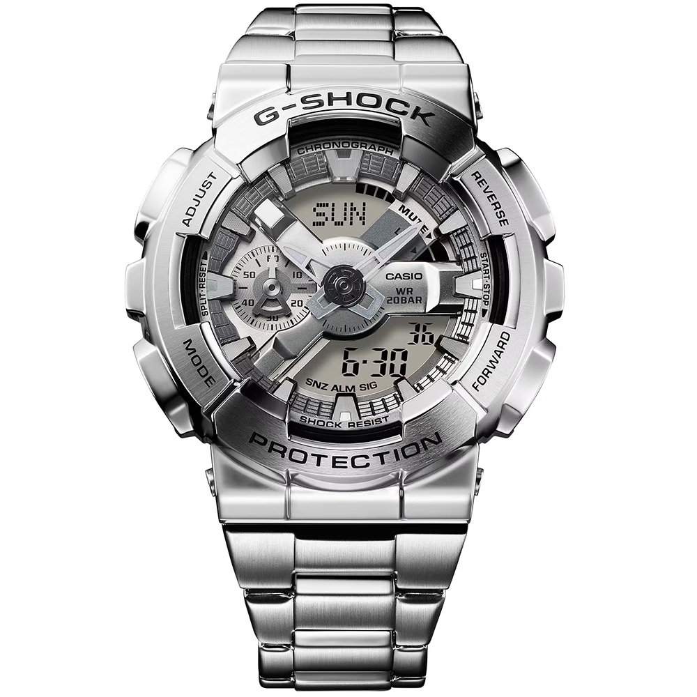 CASIO 卡西歐 G-SHOCK 工業風大錶殼金屬雙顯手錶 送禮推薦-銀 GM-110D-8A, , large