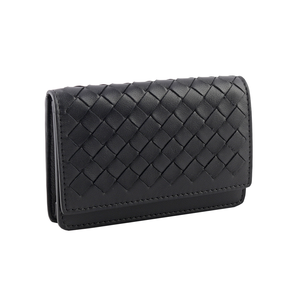 BOTTEGA VENETA 小羊皮編織釦式卡片夾(厚款)/黑色, , large