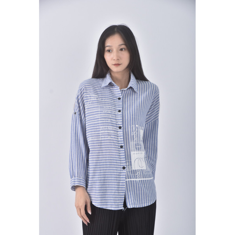 (F) fashion classic質感條紋藍色長袖上衣二手衣, , large