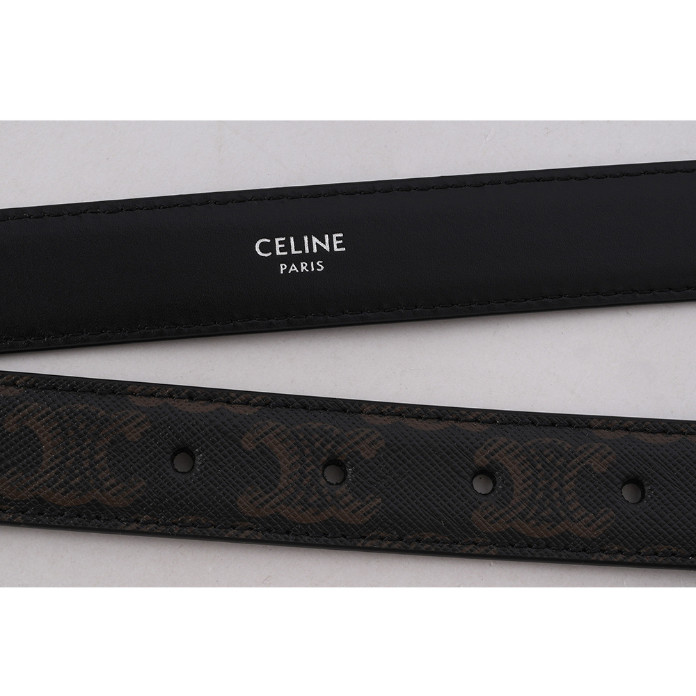 CELINE TRIOMPHE 銀釦塗層帆布中腰皮帶85cm/寬2.5cm/黑色, , large