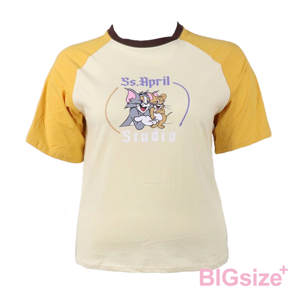 大尺碼-卡通印花 插肩 圓領T恤-紫/黃-0101152, , large