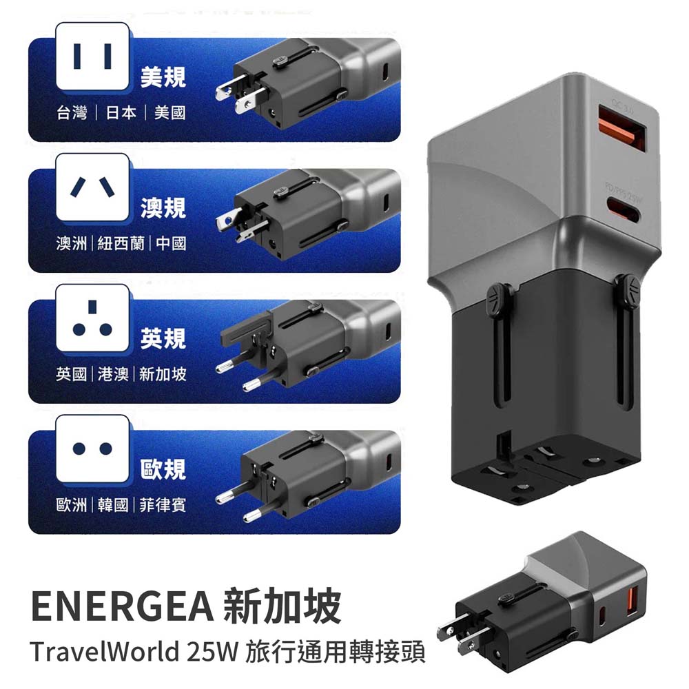 【sansuijibau】ENERGEA  TravelWorld 25W Universal Travel Adapter (US, Australia, UK, EU Standards, Fast Charging Plug), , large