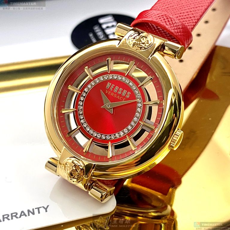 [星晴錶業]VERSUS VERSACE手錶,36mm,VV00022大紅色錶面玫瑰金錶殼大紅色真皮皮革錶帶款, , large