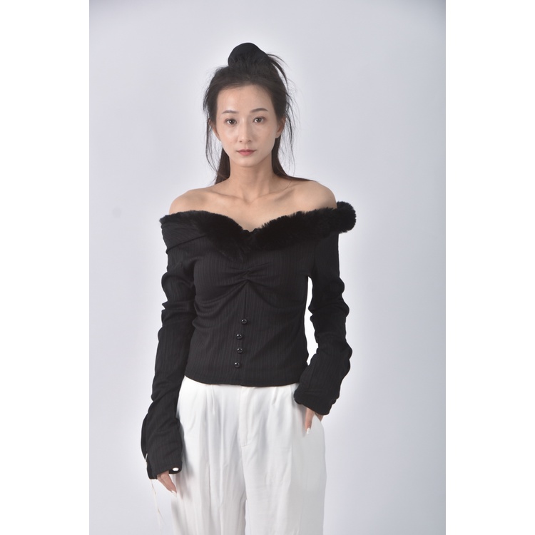 (S) 【安于晴Charlene私服】new trend質感一字領黑色上衣二手衣, , large