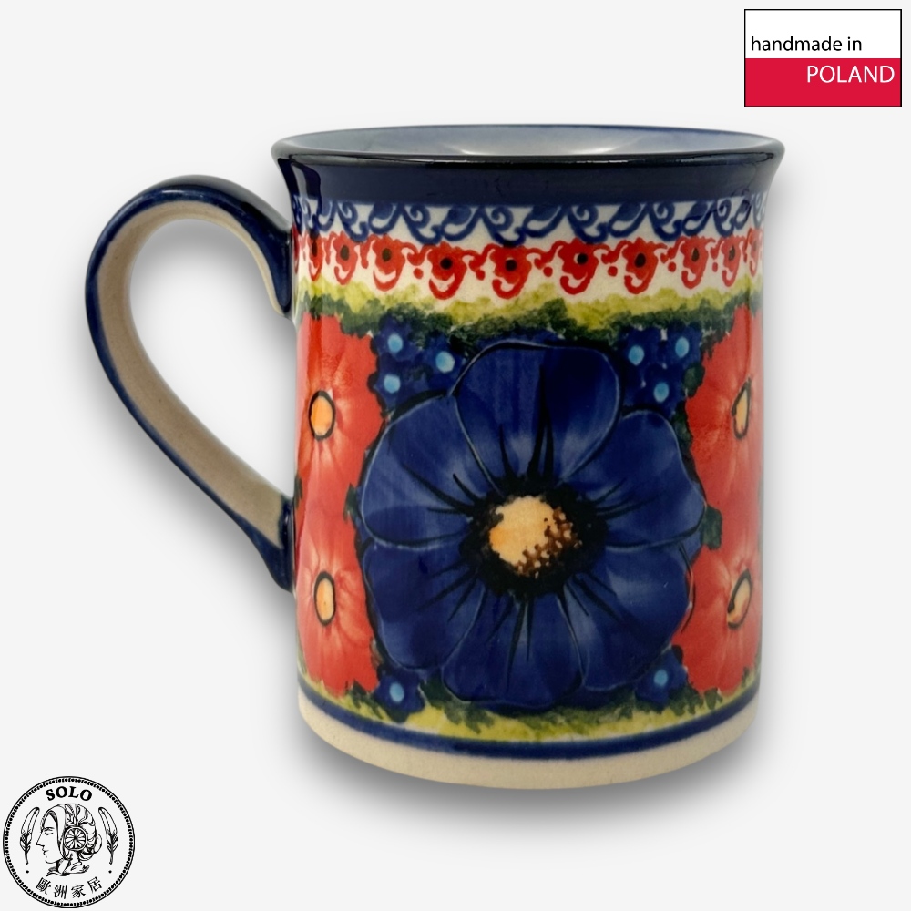 【SOLO Vintage】Cerraf Polish Pottery 280ml Mug Red and Blue Blossoming Elegance Series Made in Poland, , large