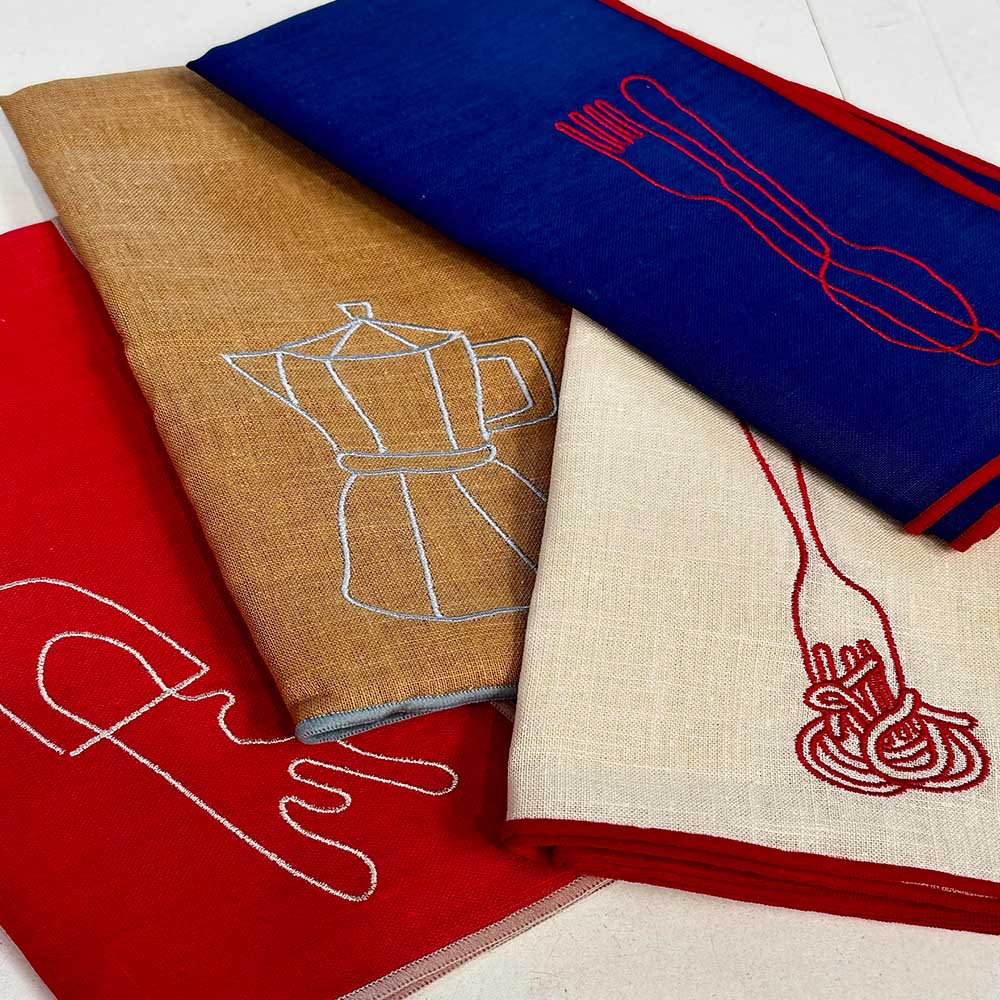 【英國 MÆGEN】刺繡棉麻餐巾組-卡其 (摩卡壺), , large