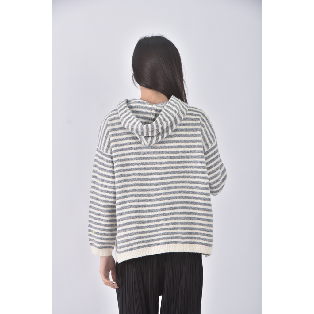 (XL) 質感針織連帽條紋灰色長袖上衣二手衣, , large