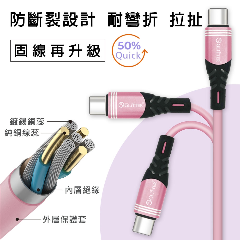GliTTER GT-2529 USB-C to USB-C 耐折快充傳輸線 0.3M PD/QC快充 高速充電傳輸, , large