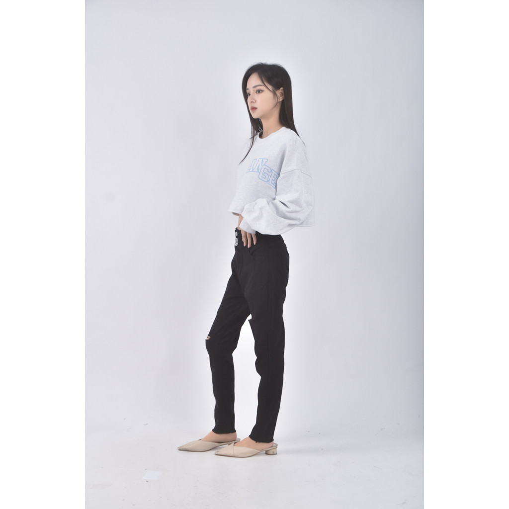 (2XL) 高腰丹寧牛仔質感黑色長褲二手衣, , large