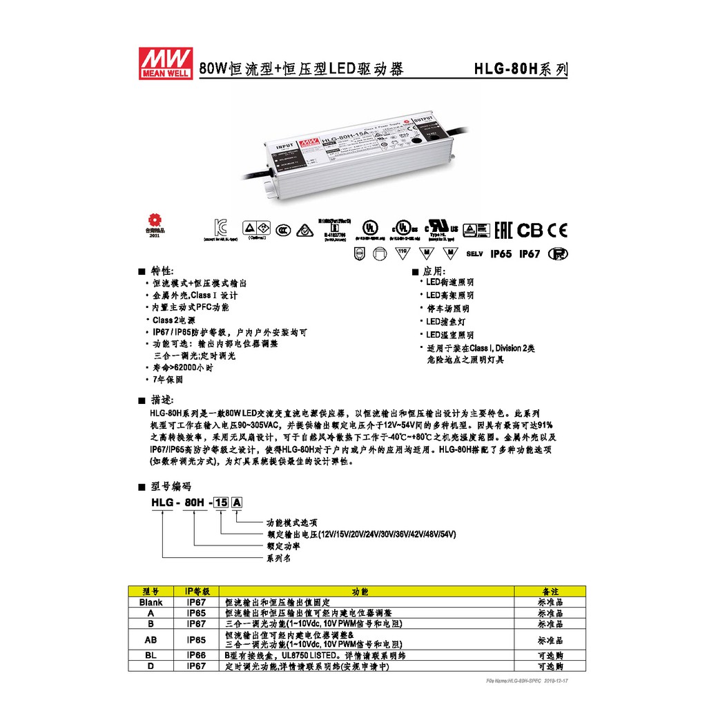 明緯 82.8W LED電源供應器(HLG-80H-36), , large