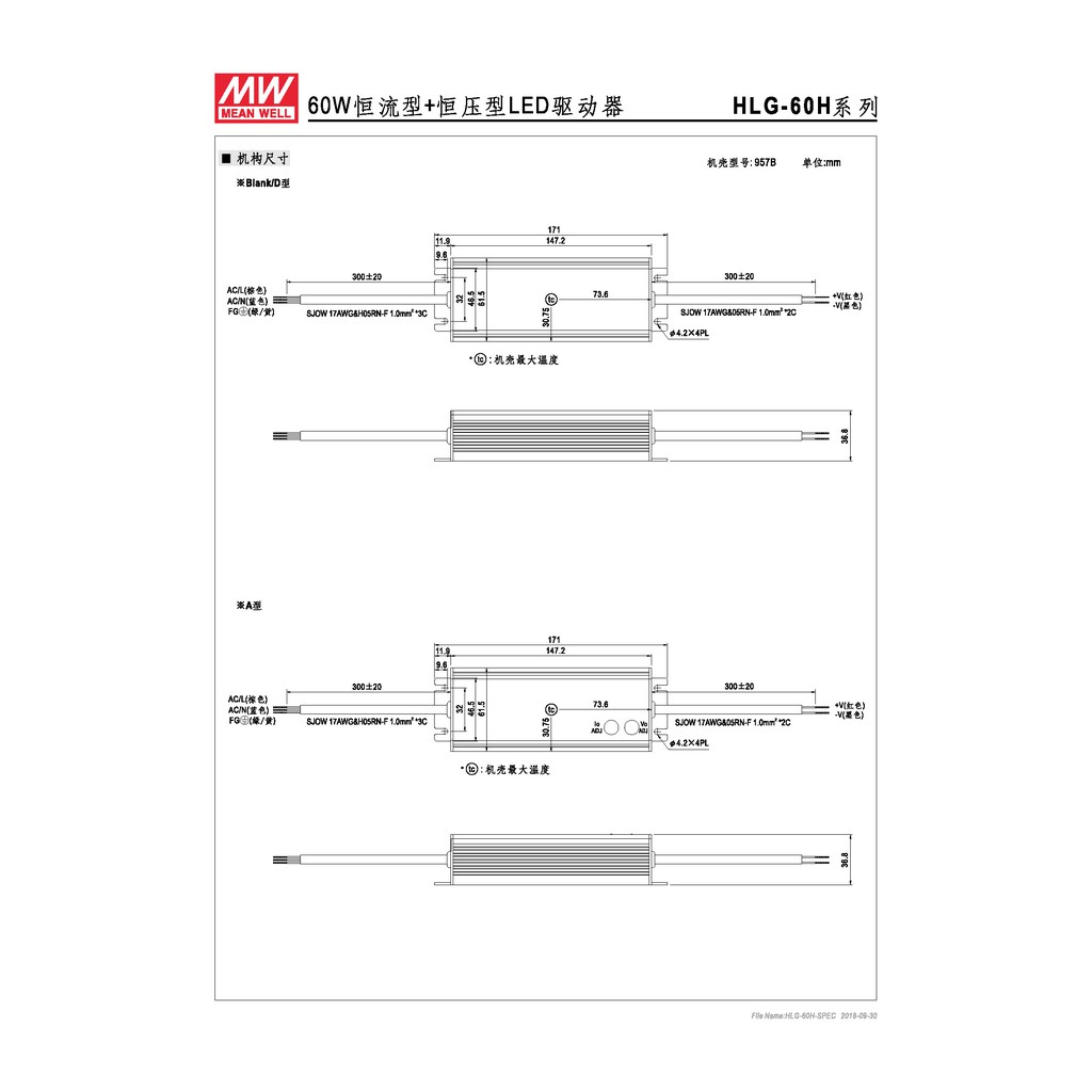 明緯 60W LED電源供應器(HLG-60H-20), , large