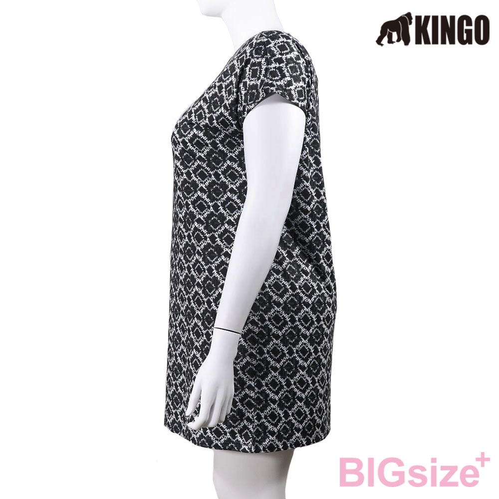 KINGO-大尺碼-圓領 吸排 半袖洋裝-黑-414801, , large