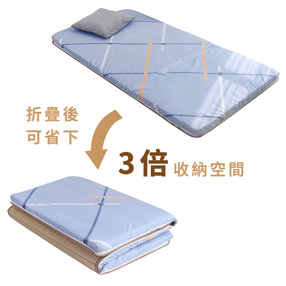 【台灣製造】天然原色細編消暑蓆 厚度5cm 單人3尺｜蔚藍幾何｜四季可用 涼感蓆面 三折床墊 草蓆, , large