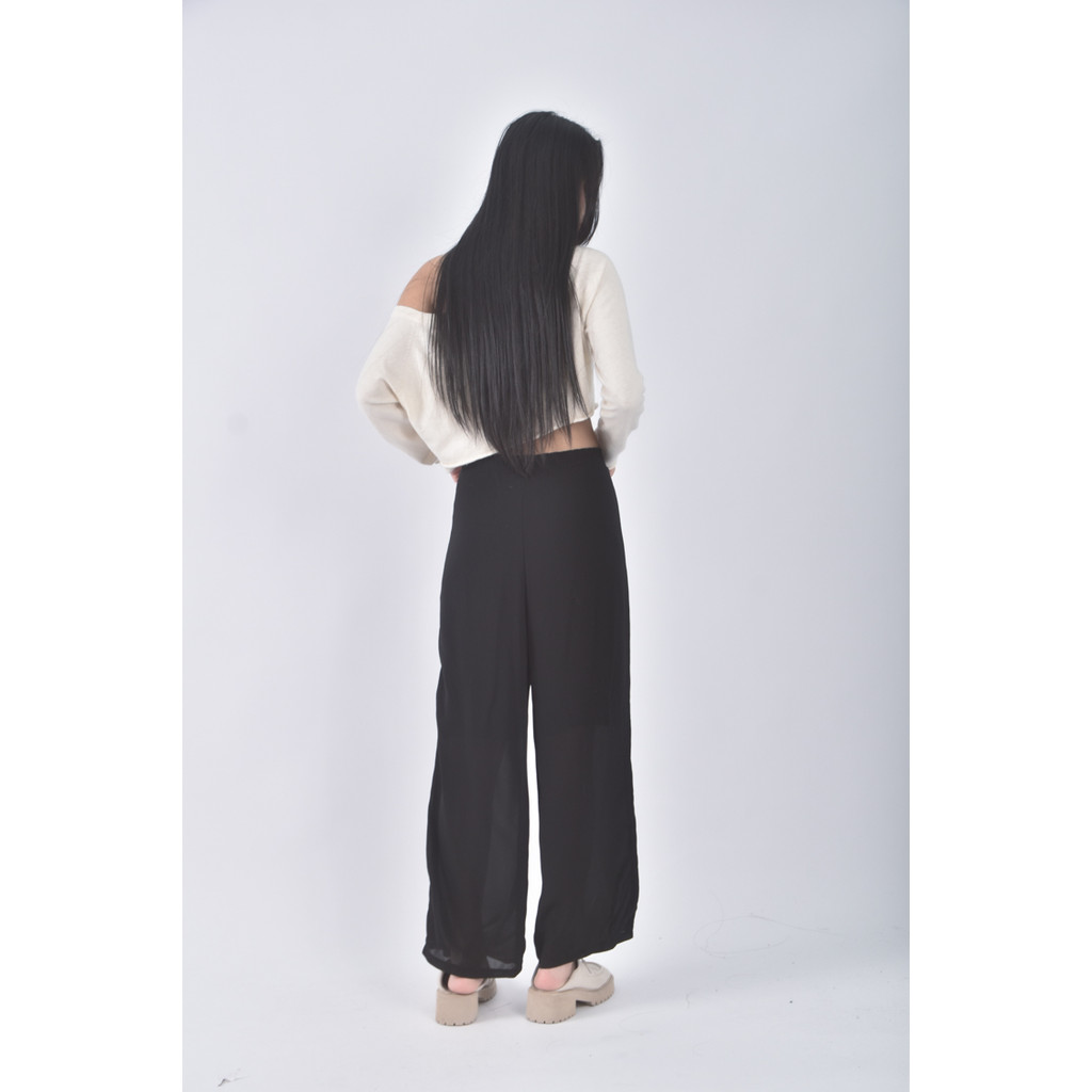 (XL) 高腰質感紡紗黑色長褲二手衣, , large