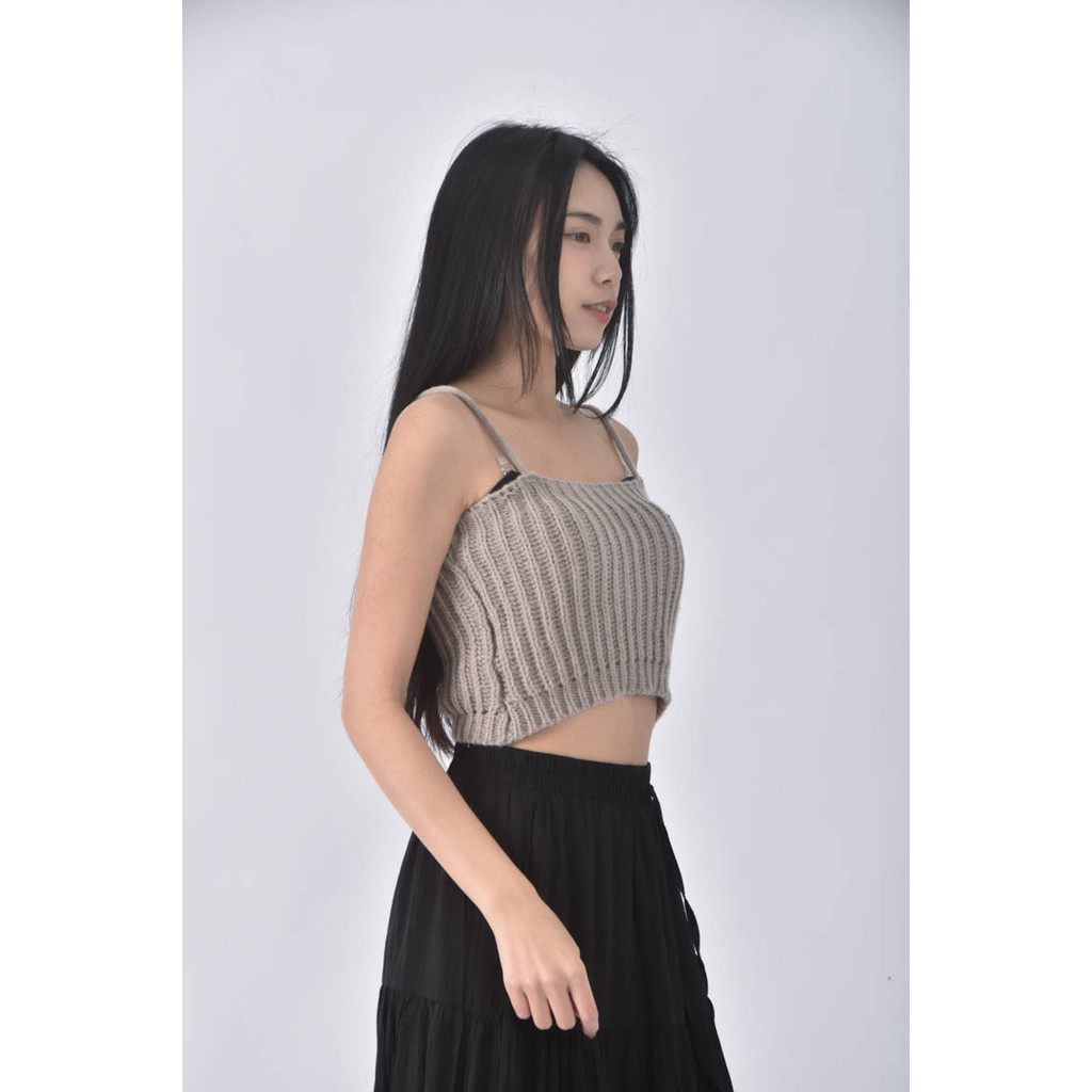 (F) 【粿粿私服】質感修身短版針織無袖背心棕色上衣二手衣, , large