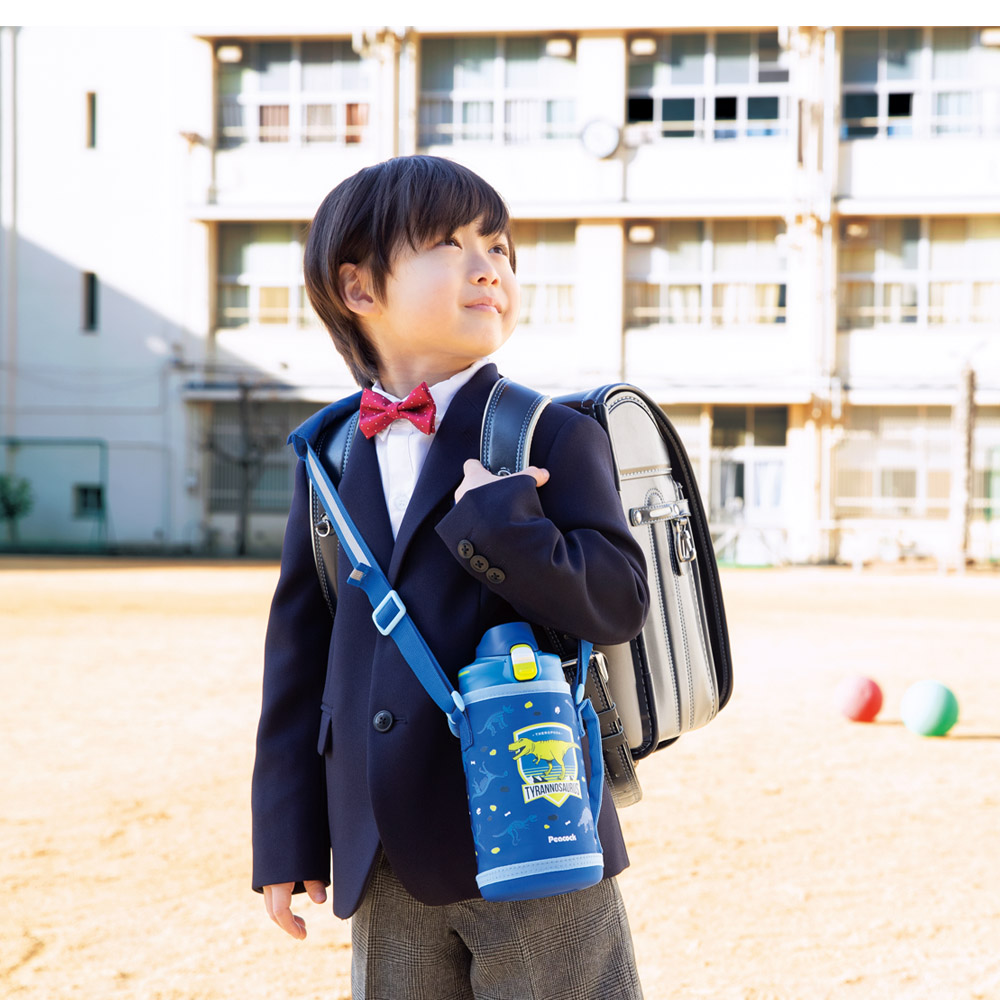 【日本孔雀Peacock】兒童316不鏽鋼保溫杯800ML 附專屬杯套+反光背帶-恐龍-藍(兒童水壺), , large