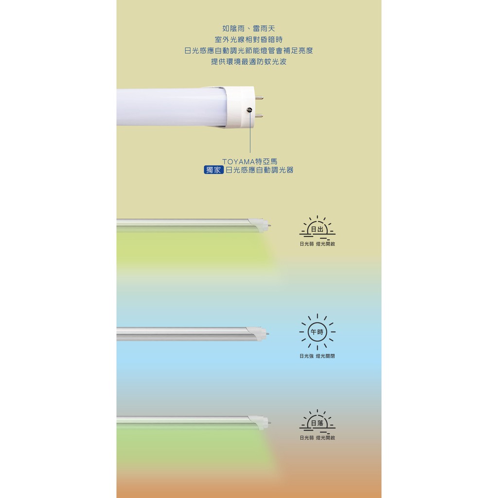 [樂施達] TOYAMA特亞馬 LED T8 4呎 日光感應 自動調光 防蚊燈管 黃綠光（非照明用）, , large