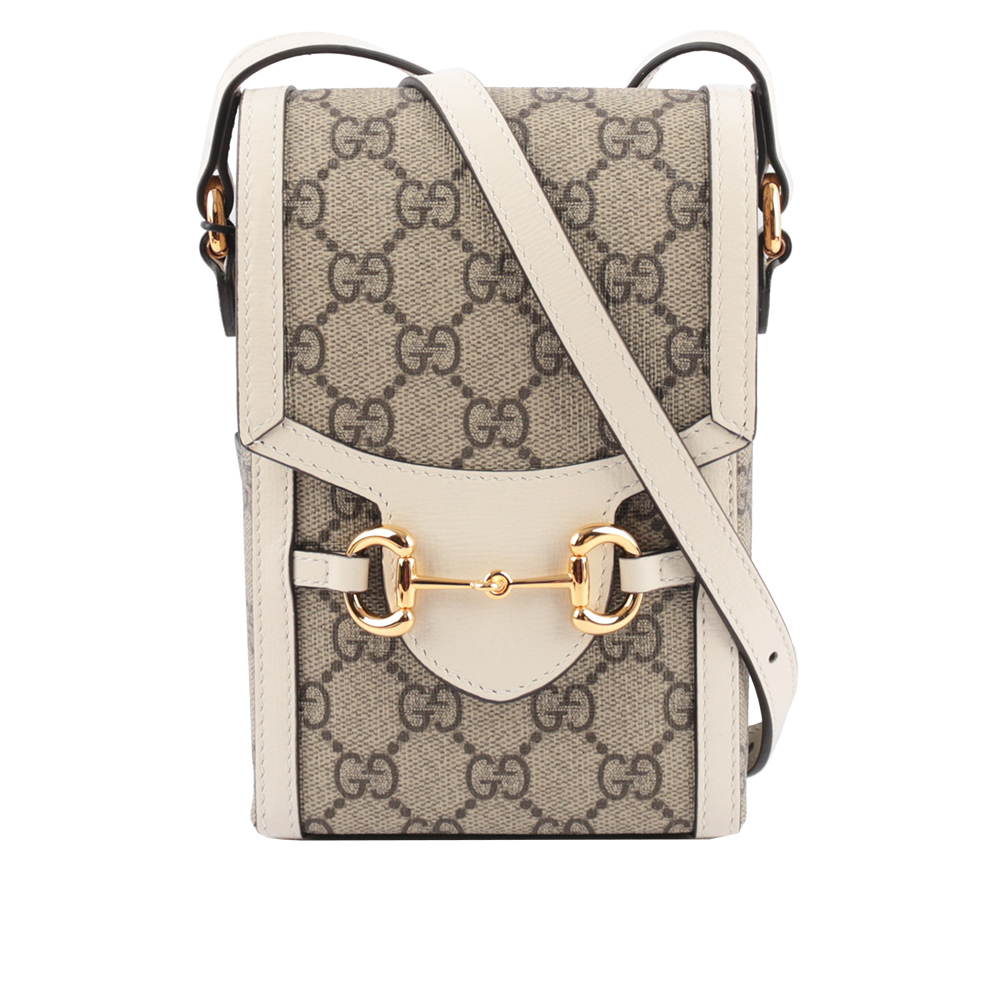 GUCCI Horsebit 1955 GG Supreme帆布手機斜背包/白色, , large