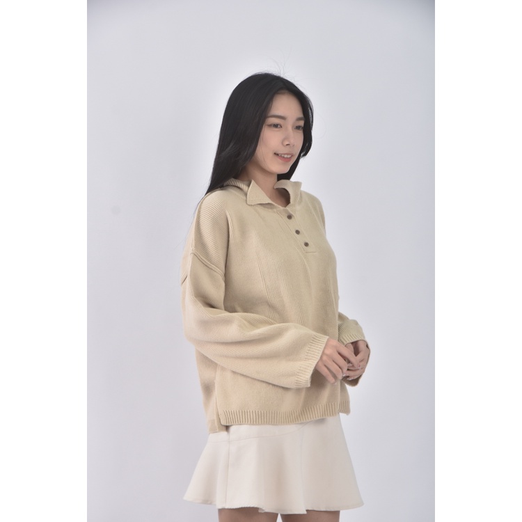(S) meier q落肩排扣杏色毛衣二手衣, , large