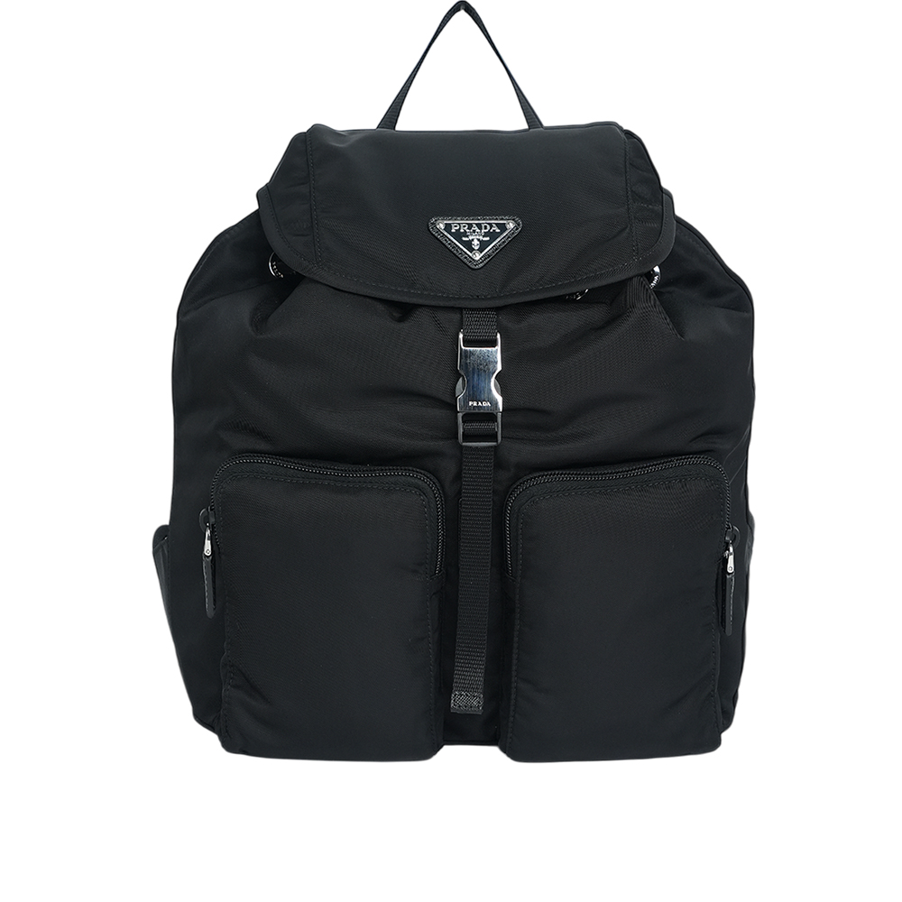 PRADA 三角牌Logo 尼龍雙口袋後背包/黑色, , large