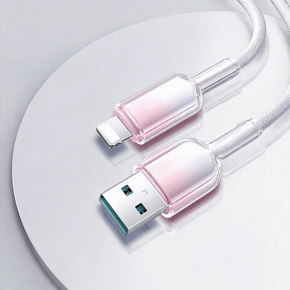 [Lele] Ice Crystal Tip Colorful Braided Fast Charging Cable USB to Lightning 1M Gray, White and Pink, , large