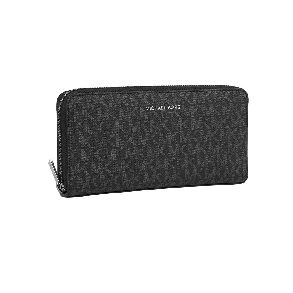 Michael Kors Cooper 銀字滿版塗層帆布ㄇ形拉鍊直式長夾(黑色), , large
