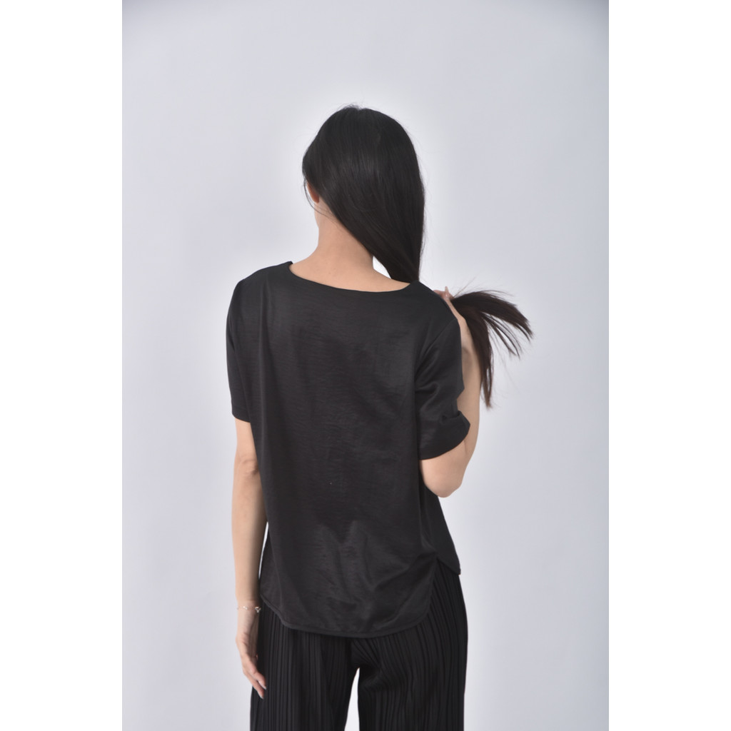 (L) lace girl圓領黑色短袖上衣二手衣, , large
