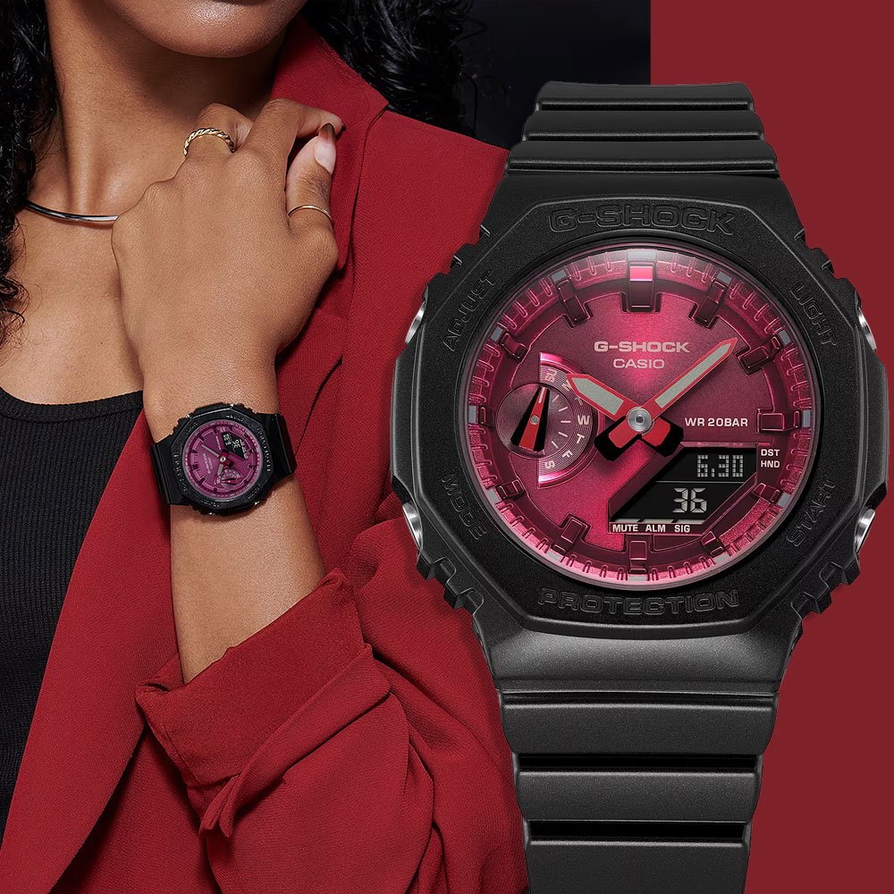 CASIO 卡西歐 G-SHOCK 八角 勃根地酒紅系列 雙顯手錶 GMA-S2100RB-1A, , large