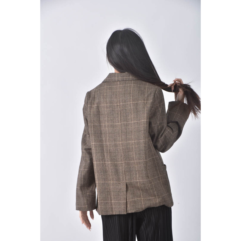 (L) meier q格紋棕色外套二手衣, , large