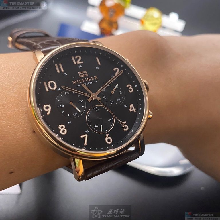 [星晴錶業]TommyHilfiger手錶,44mm,TH00003黑色錶面玫瑰金錶殼咖啡色真皮皮革錶帶款, , large
