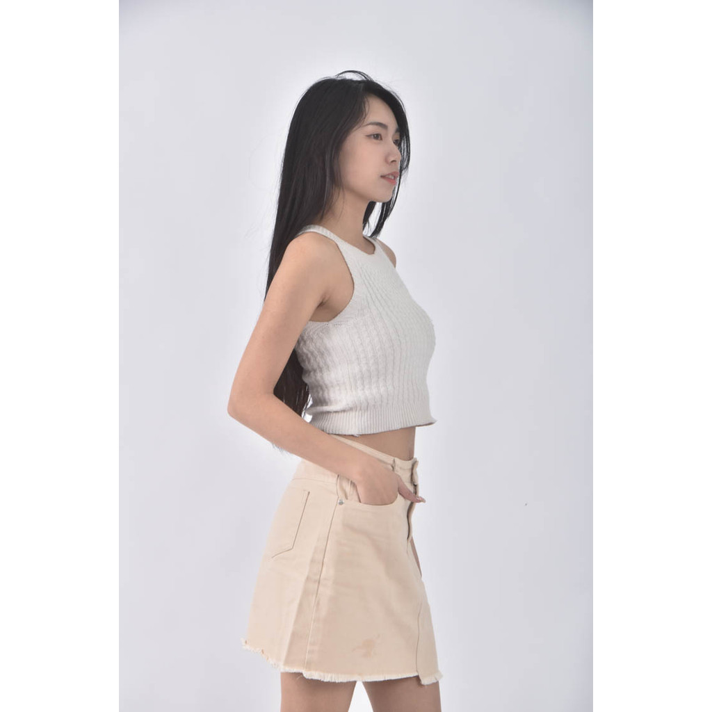 (S) 【粿粿私服】caco丹寧牛仔質感棉質抽鬚杏色短裙二手衣, , large