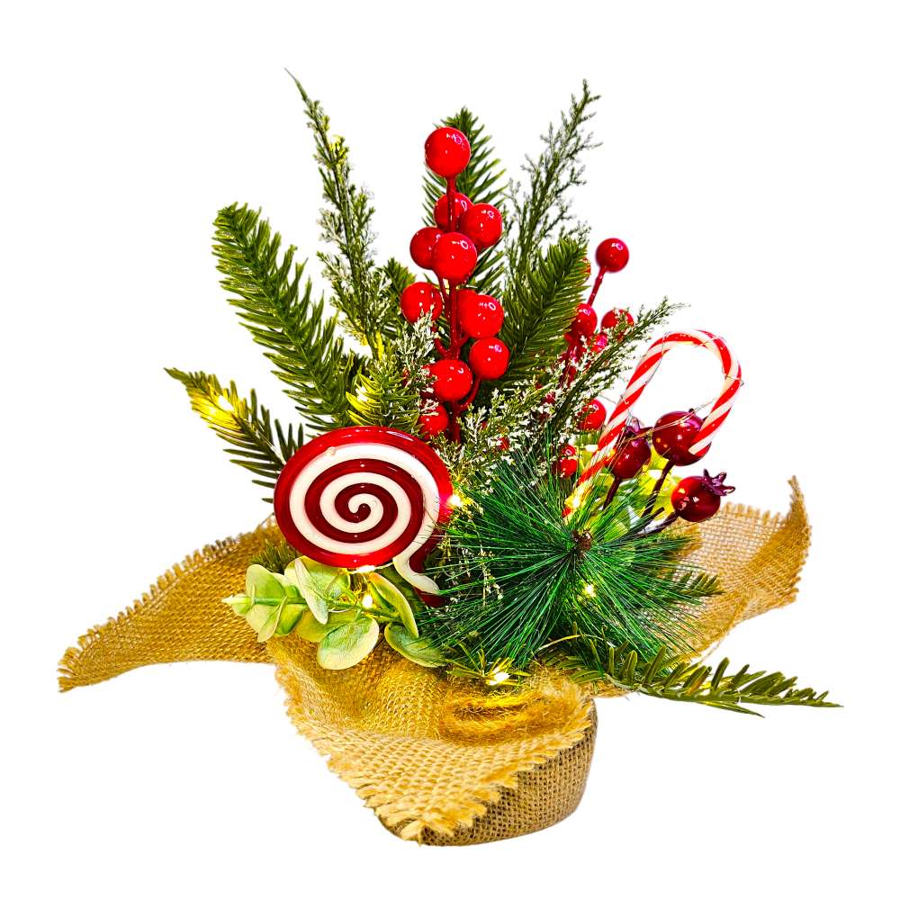 摩達客-25cm聖誕樹裝飾花盆擺飾-棒棒糖紅果款+20LED暖白光燈串-交換禮物耶誕派對推薦, , large