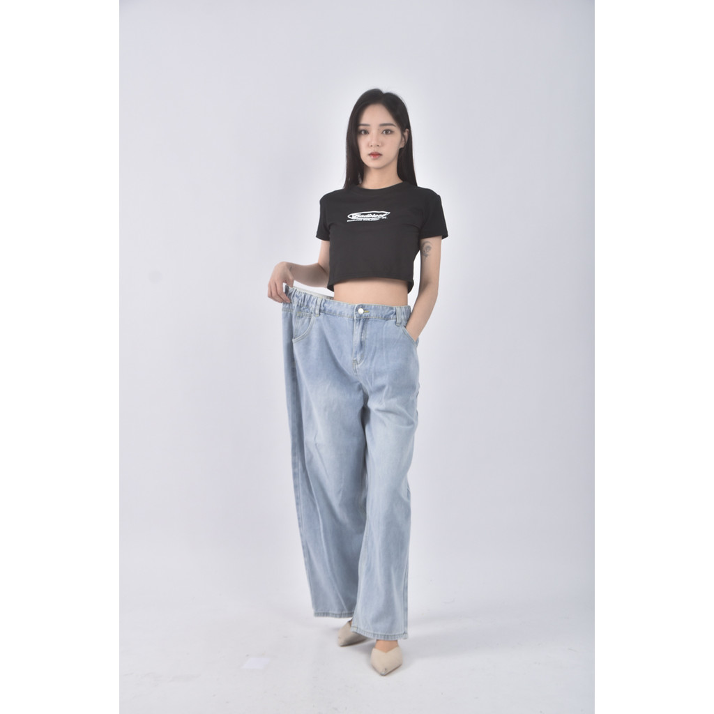 (2XL) meowstore5高腰丹寧牛仔質感棉質藍色長褲二手衣