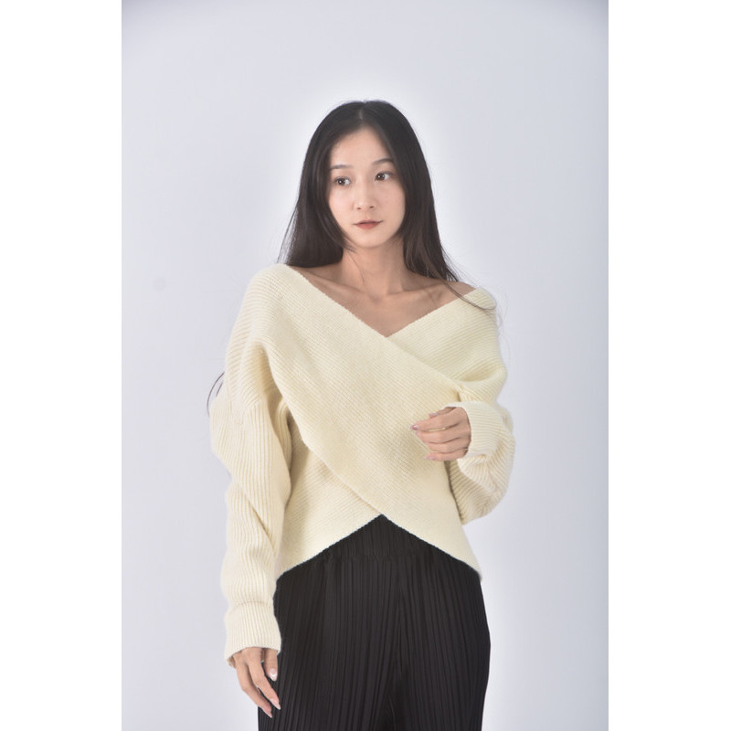 (F) 質感針織V領杏色長袖上衣二手衣, , large