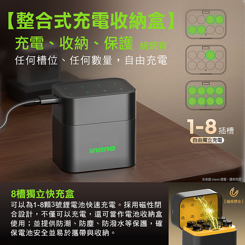 【ineno】3號/AA 恆壓可充式1.5V鋰電池全新特大能量2500mWh16入+(3號4槽)AI隨身收納盒充電器, , large