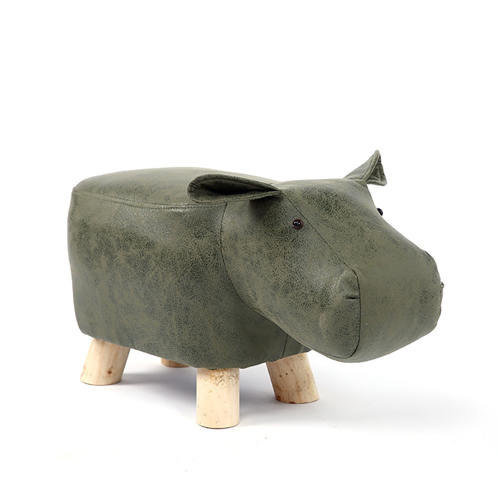 創意動物造型實木兒童小矮凳河馬綠色, , large