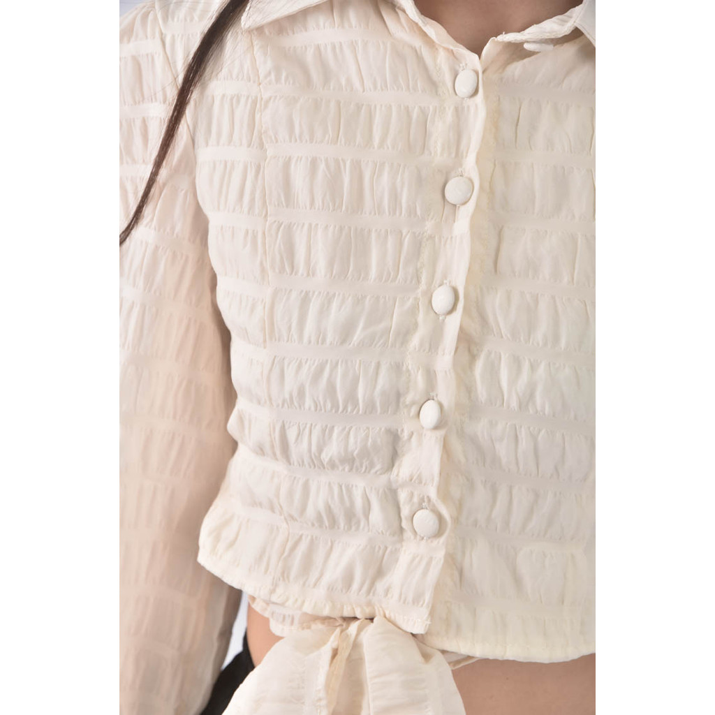(S) design vogue質感綁帶造型杏色長袖上衣二手衣, , large