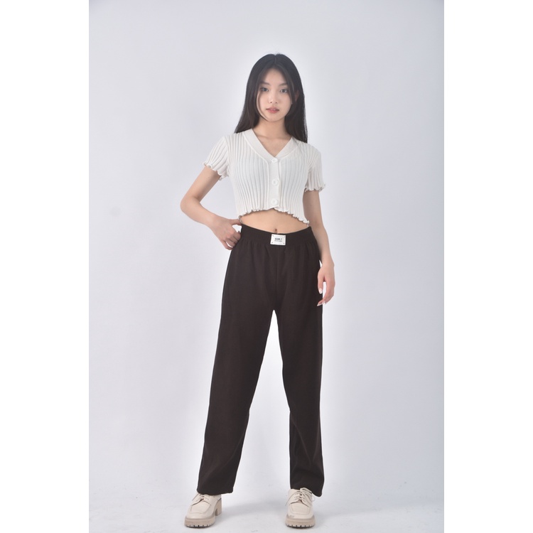 (M) guir 7高腰質感棉質坑紋棕色長褲二手衣, , large