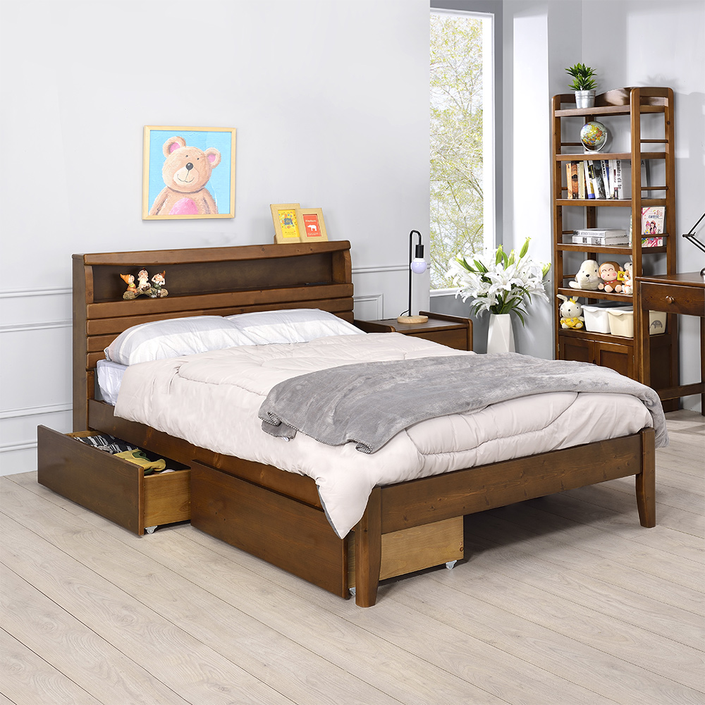 【Homelike】喜家居雙人5尺附插座抽屜床組(胡桃色)(2262), , large