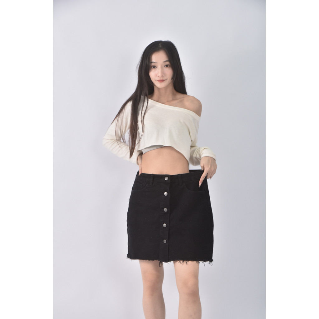 (2XL) clrric丹寧牛仔質感素面黑色短裙二手衣, , large
