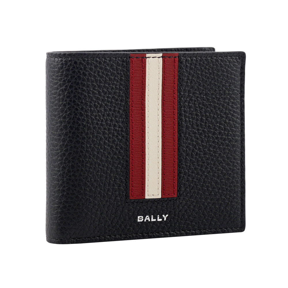 BALLY Ribbon 紅白條紋牛皮對開8卡短夾(黑色), , large
