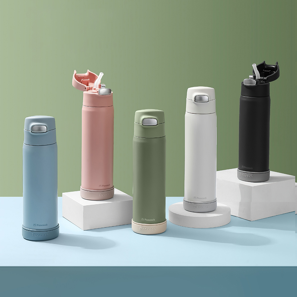 【日本孔雀Peacock】莫蘭迪316不鏽鋼 一鍵彈開吸管式保冷保溫杯550ML(防撞矽膠底座)-黑, 黑, large