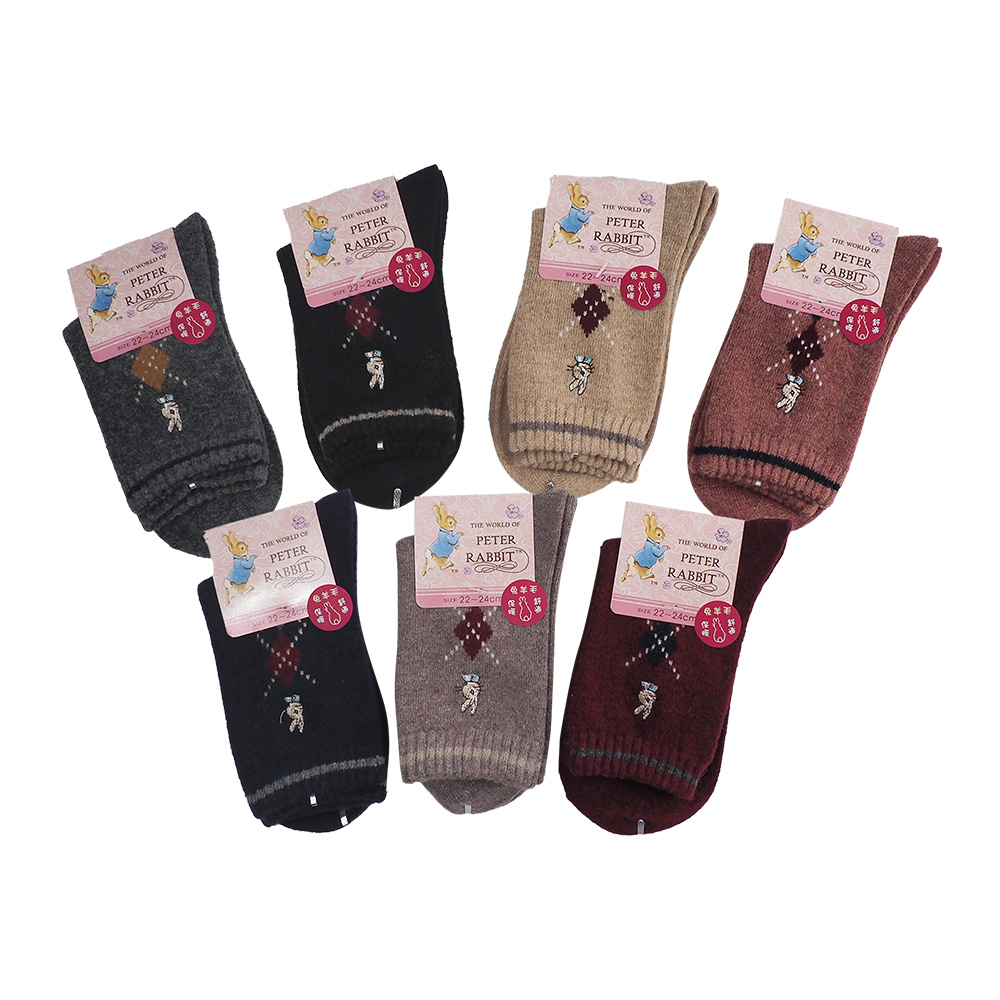 比得兔精繡兔羊毛女襪-休閒菱格-SK23015-6雙, , large